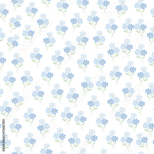 coquette seamless blue flowers pattern. Delicate petals and vibrant blossoms create an artistic and vintage botanical illustration. Perfect for wallpaper, fabric, wrapping paper and more.