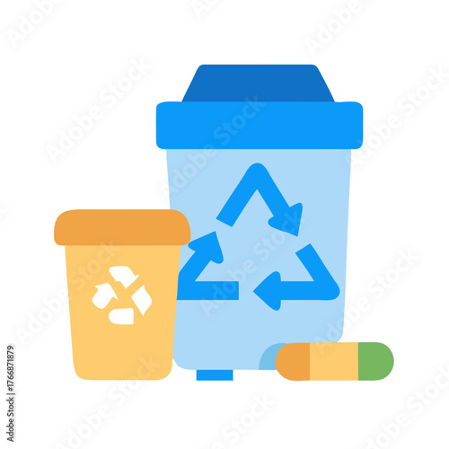 Stylized flat illustration depicting waste recycling with various bins and scattered refuse