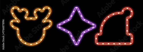 LED strip light frame set. Christmas element reindeer, star, santa hat decorative ring tape lamp sign. Glowing LED neon flex colorful border for marketing promotions, cards, invitations, banners, tags