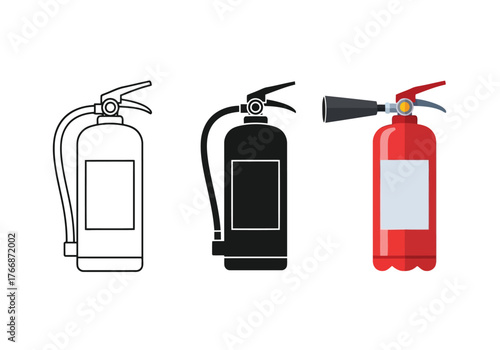 Fire Extinguisher Vector Set in Three Styles — Line Art, Silhouette and Color Version for Safety and Protection Equipment in Emergency Situations