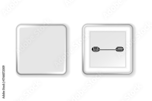 White badge mockup. Square badge button brooch. Realistic white blank glossy quadrilateral button badge pin with white plastic back cover. Vector illustration.