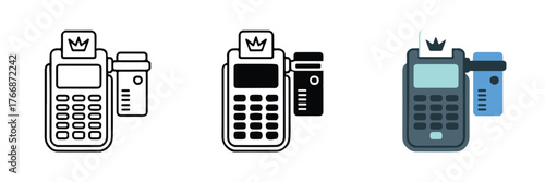 vector pos terminal trio flat outline filled and colored card reader receipt printer icons for retail checkout
