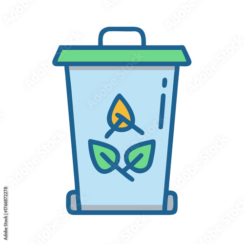 Illustration of an environmentally friendly trash can with plant graphics on a black backdrop