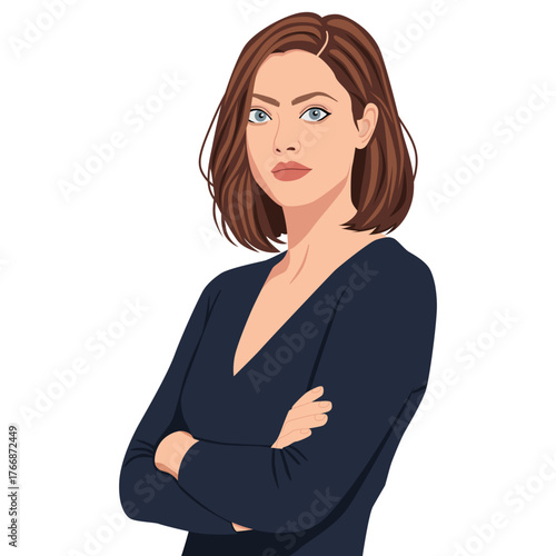 Woman with short brown hair, arms crossed, looking serious