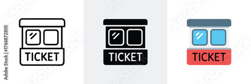 set of three ticket icons booth outline filled and multicolor for tickets events cinema transport interface