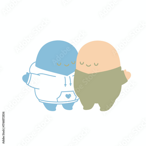 Sweet and simple cartoon illustration of a loving couple in a warm embrace, cute kawaii characters cuddling isolated on a white background