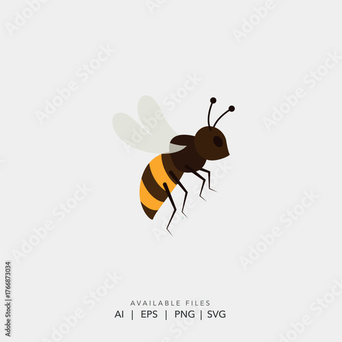 Cute flying honeybee cartoon character vector logo, Flat design simple yellow and black insect icon