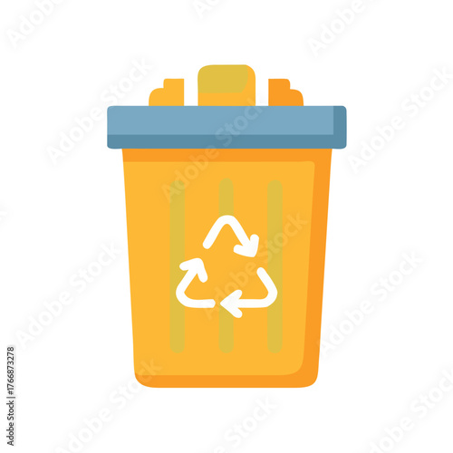 Bright yellow recycling bin with light blue lid and recycling symbol icon