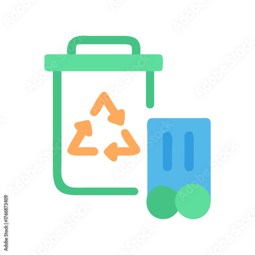 Stylized recycle bin with accompanying cardboard, environmental concept in clean design