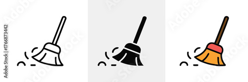 household broom vector set sweeping motion symbols line art glyph and colorful illustration pack