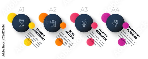 Vector infographic design template. Modern timeline concept with 4 steps, circles. Vector illustration used for diagram, workflow layout, banner, webdesign