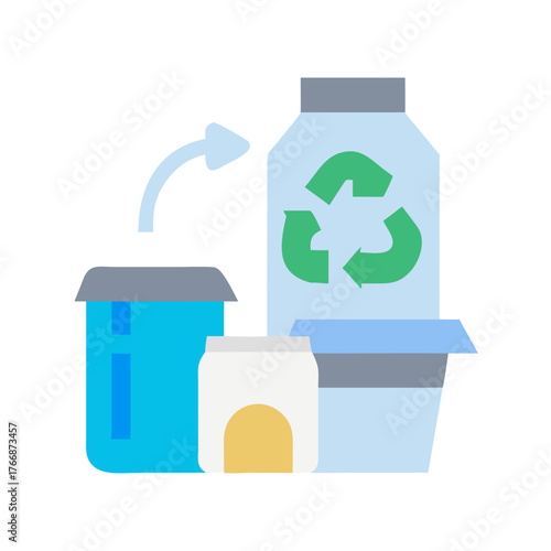 Minimalist style illustration of recycle bins and materials promoting environmental awareness