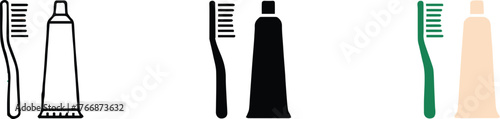 stylized toothbrush and toothpaste icons set three styles outline silhouette colored for ui branding