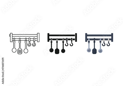 Kitchen Utensils Hanging on a Rack Vector Set in Three Styles — Line Art, Silhouette and Color Version for Culinary Concepts and Interior Decor Ideas Line Art Style