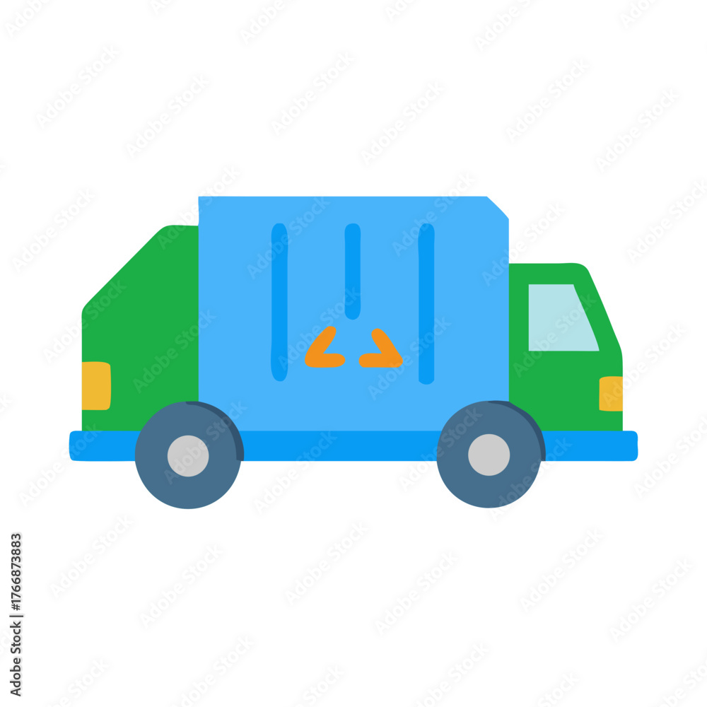 Naklejka premium Stylized flat design of a green and blue garbage truck on black background
