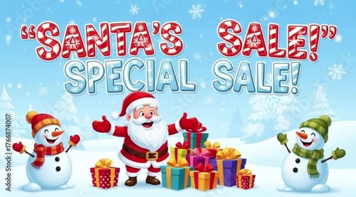 Cheerful santa claus announces santa's special sale with snowmen and christmas gifts in 4k