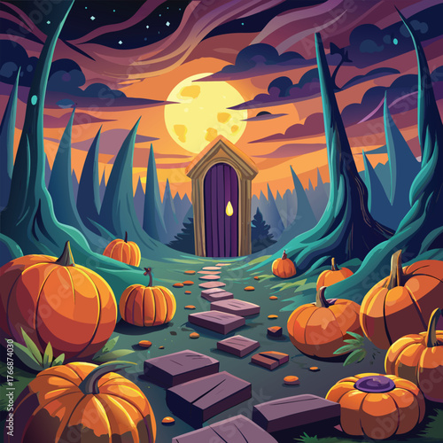 A seemingly ordinary pumpkin patch, perhaps out of town, contains a hidden portal that only opens on Halloween nigh.