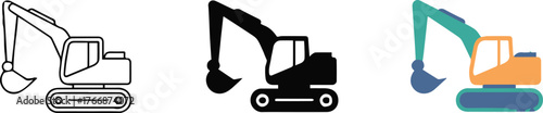 heavy machinery excavator vector trio minimal lineart bold silhouette and multicolor realistic
