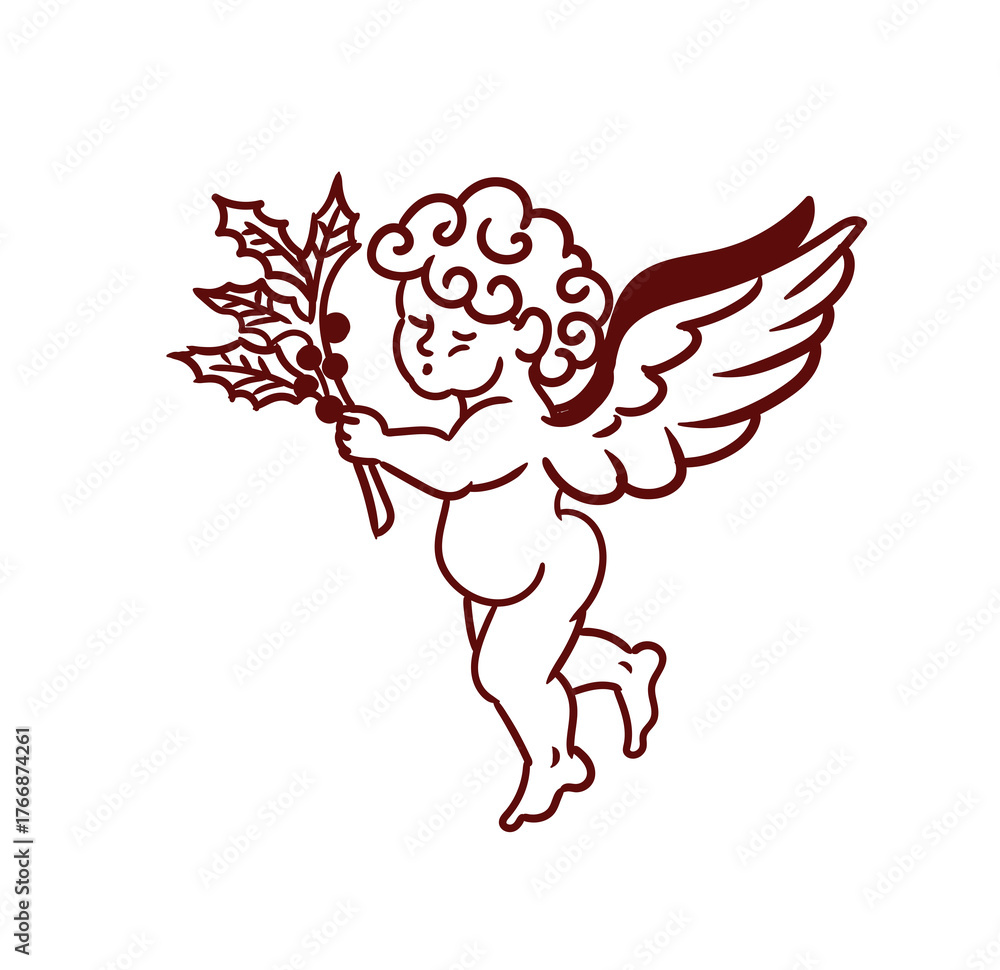 Fototapeta premium Original hand-drawn Merry Christmas illustration featuring a minimalist angel with Christmas mistletoe. Illustrations for posters, cards, and graphic design.