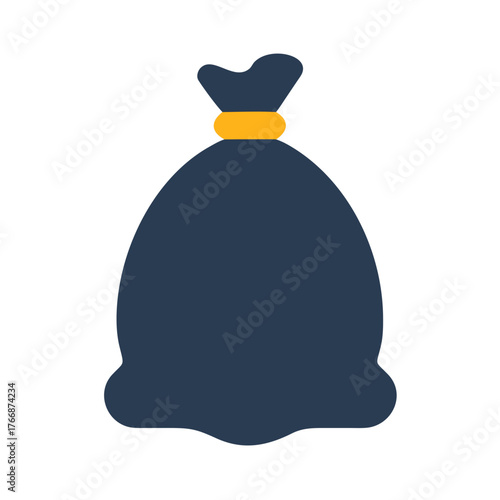 A single navy-blue garbage bag tied with a yellow tie on black background