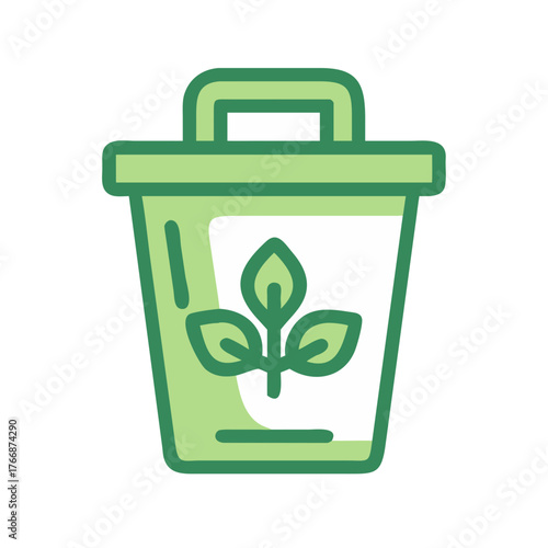 Green compost bin icon illustration with plant leaves for eco-friendly waste management