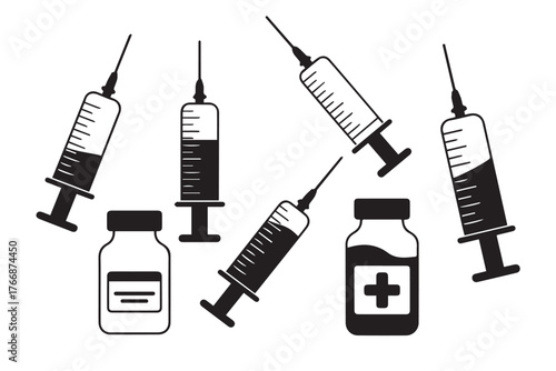 black and white medical syringes and vials vector icons for healthcare and vaccination