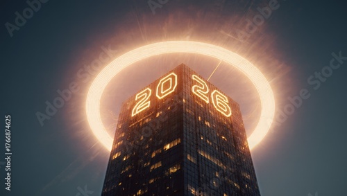 Neon 2026 Halo Above Futuristic Skyscraper at Dusk Low Angle Cinematic City Nightscape Backdrop