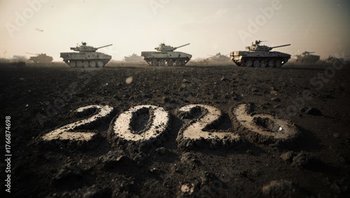 2026 Burned into Scorched Earth with Distant Military Tanks Under Hazy Sky War Aftermath Scene
