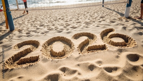 2026 Written in Golden Beach Sand with Volleyball Net and Ocean Horizon Summer Holiday Background