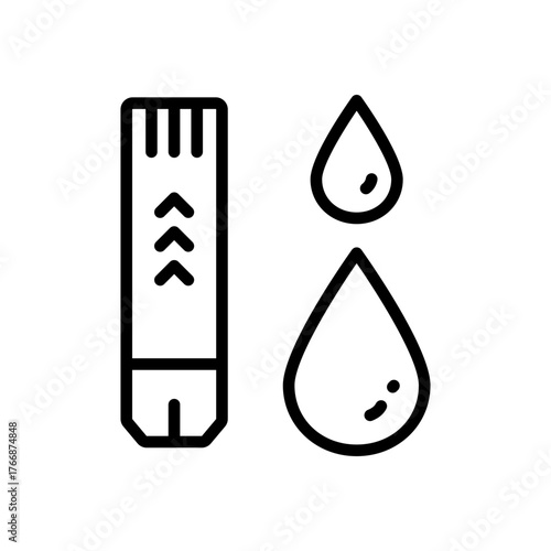 Diabetes test strip and blood drop outline vector icon. Blood glucose test strips line symbol. Glucometer pharmacy vector symbol, logo illustration.