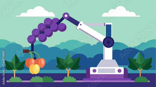 A computerized robotic arm equipped with sharp ting blades carefully shaping the vines for optimal growth and g production.. Vector illustration