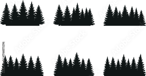 Coniferous tree cluster silhouette collection, evergreen forest vector set, woodland nature design, decorative pine artwork, black flat cad illustration