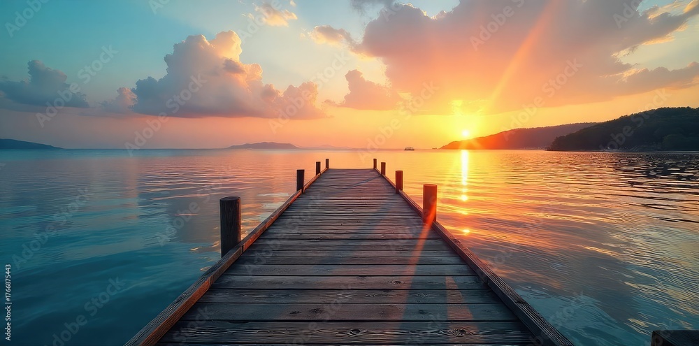 Obraz premium Tranquil scene of a wooden dock extending into calm waters, reaching a peaceful shoreline at sunset Perfect for travel, nature, and relaxation themes , waves, ocean