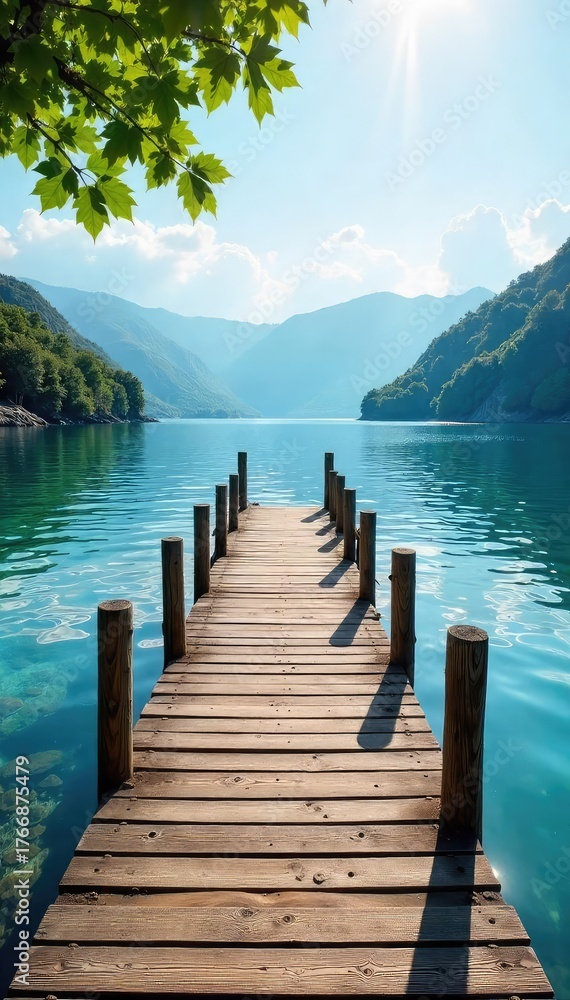 Fototapeta premium Tranquil scene of a wooden dock extending over calm waters towards a picturesque shore, bathed in soft sunlight Ideal for travel, nature, and relaxation themes , day, waterfront