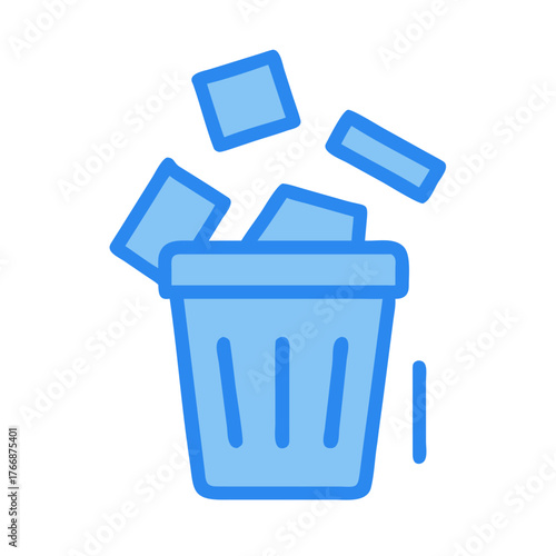 Blue Trash Can with Paper Waste Illustration on a Black Background