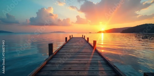 Tranquil scene of a wooden dock extending into calm waters, reaching a peaceful shoreline at sunset Perfect for travel, nature, and relaxation themes , waves, ocean