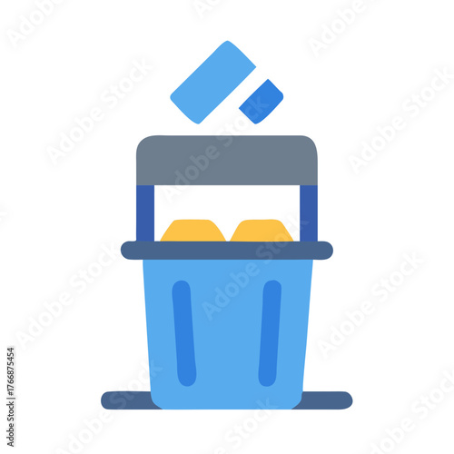 Trash can illustration with paper being thrown, isolated on black background