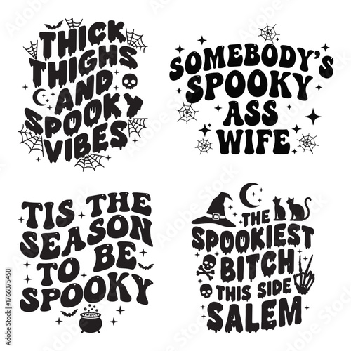 Four groovy halloween themed typography designs with spooky phrases and festive elements