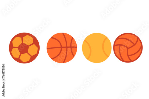 Collection of four athletic sports balls: soccer, basketball, tennis, and volleyball
