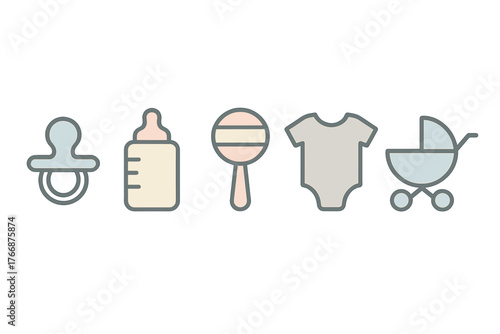 Essential newborn items and accessories including pacifier, feeding bottle, rattle, and stroller