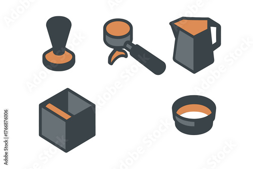 Isometric professional espresso coffee tools including tamper, portafilter, milk pitcher, and knock box