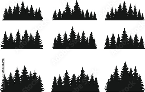Coniferous tree cluster silhouette set, evergreen forest vector collection, woodland pine fir design, natural landscape artwork, black flat cad illustration