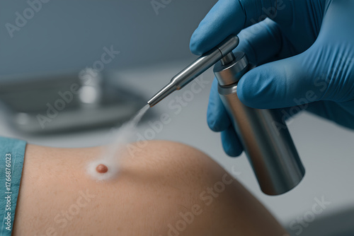 Photorealistic cryosurgery of skin lesion with liquid nitrogen, clinician hand in nitrile glove holding cryospray gun perpendicular to small benign lesion, gentle frost plume visible, intact skin