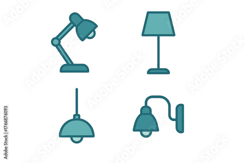 Set of four household lighting fixtures including desk, floor, pendant, and wall lamps