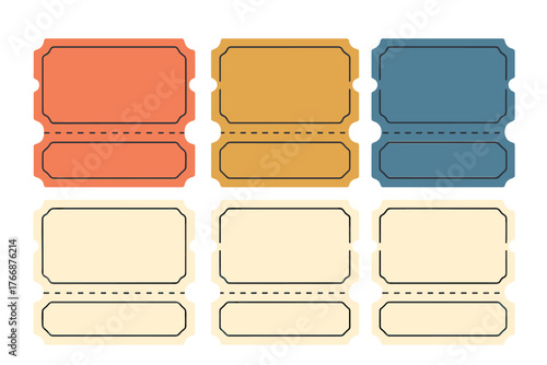 Vintage blank ticket templates set with perforated tear-off stubs in various colors and styles