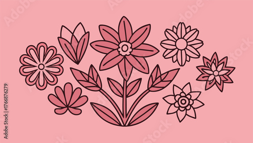 Simple Hand-Drawn Floral Icon Set with Minimal Line Flowers and Leaves in Elegant Vector Style