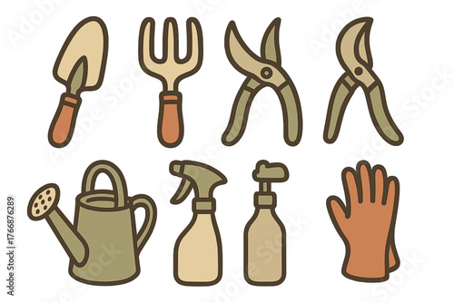 Collection of essential gardening tools including trowel, hand fork, pruners, and watering can