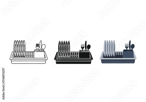 Dish Rack Vector Set in Three Styles — Line Art, Silhouette and Color Version for Kitchen Design Elements