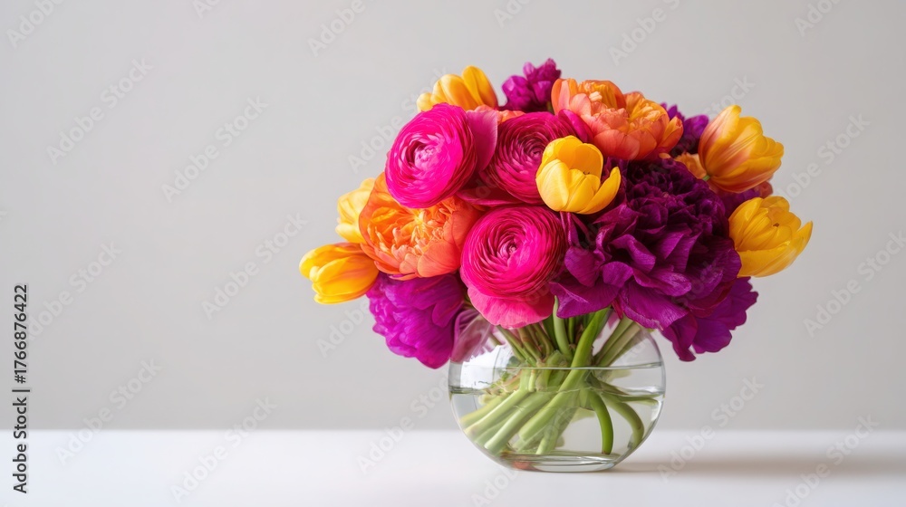 Fototapeta premium Floral arrangement of ranunculus and tulips
