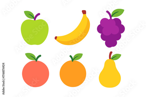 Colorful collection of six fresh fruits: apple, banana, grapes, orange, and pear